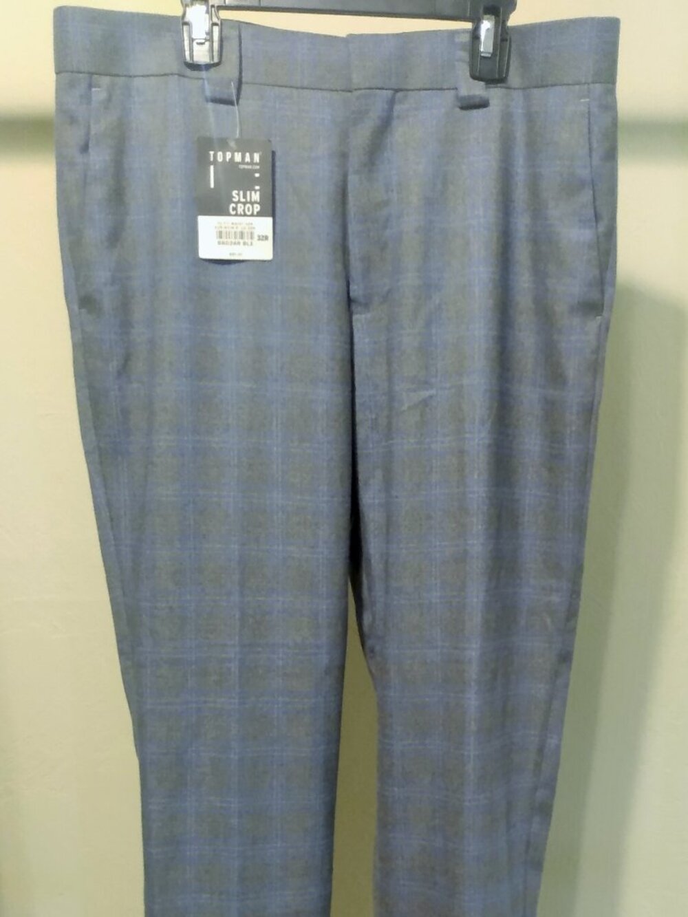 NEW Topman slim crop pants 32 / 32R Regular - gray and blue check pattern